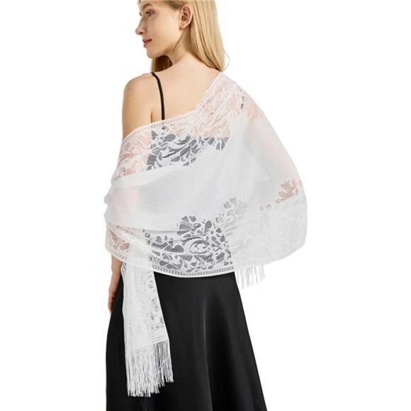 Lace Floral Shawls Wraps White2 - Picture 4 of 6